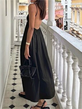 Commense Black Backless 100% Cotton Midi Maxi Dress Small NWT